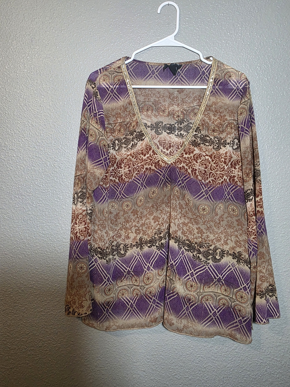 Purple & Brown Printed V-Neck Long Sleeve Top